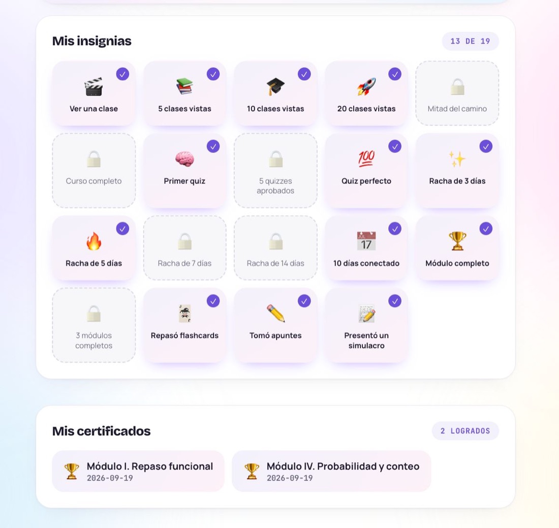 Insignias y certificados de un estudiante en la plataforma Nivélate